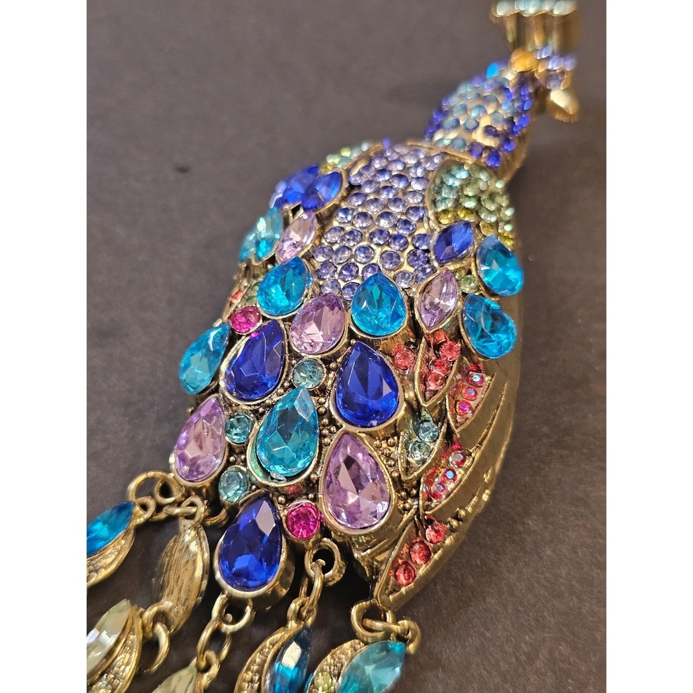 LARGE Tassel Peacock Brooch Women Multi Color Rhinestone Tassel Dangle - Picture 4 of 8
